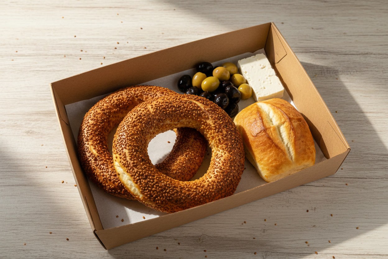 Klasik kahvaltı kutusu: iki simit, poğaça ve zeytin