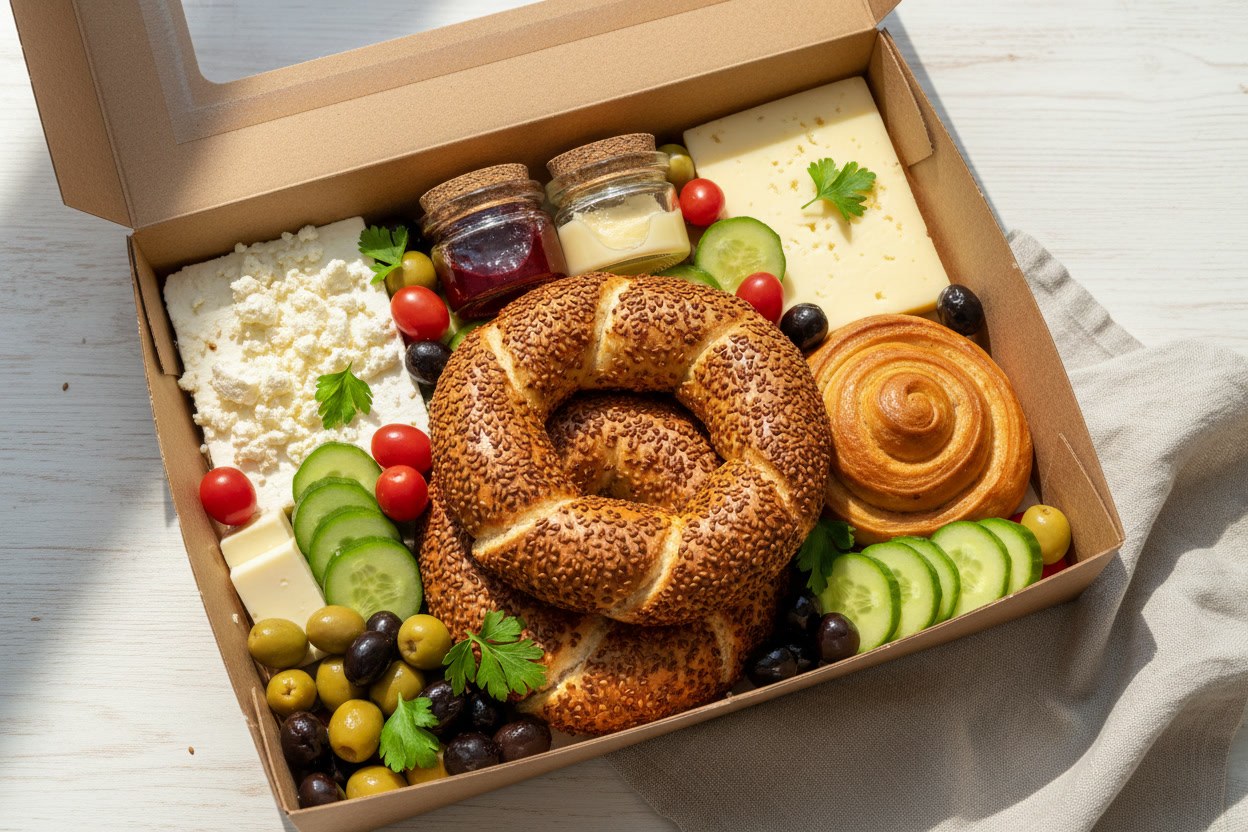 Zengin kahvaltı kutusu: simit, poğaça, iki çeşit peynir, zeytin, domates ve reçel